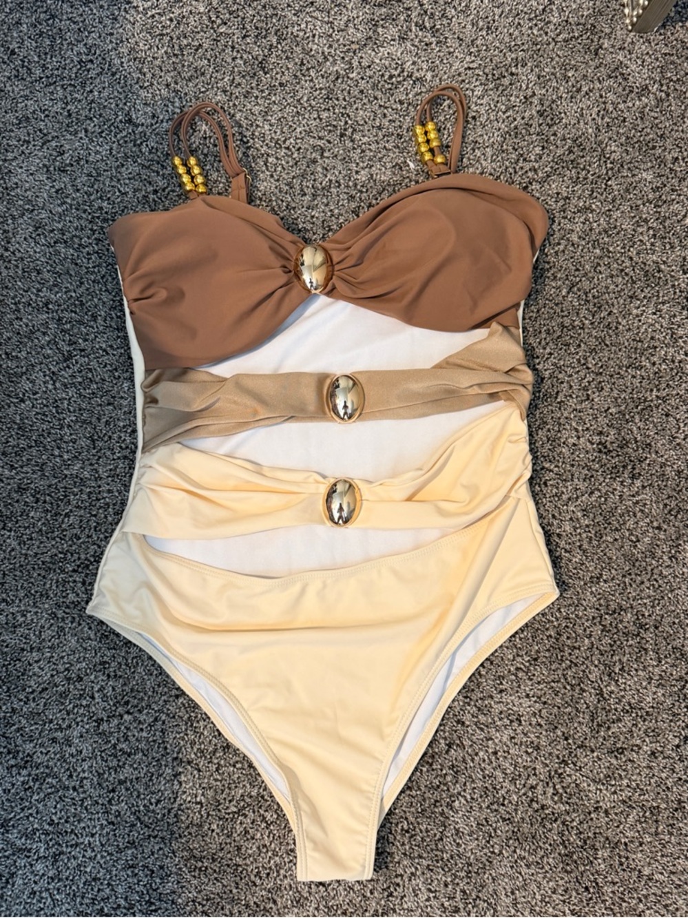 Colorblock Cutout Brown and Cream One-Piece Swimsuit with Gold Accents